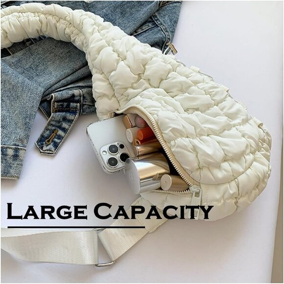 Lightweight Quilted Crossbody Bag for Women, Waterproof Nylon Sling Pack - Khaki - Picture 3 of 5